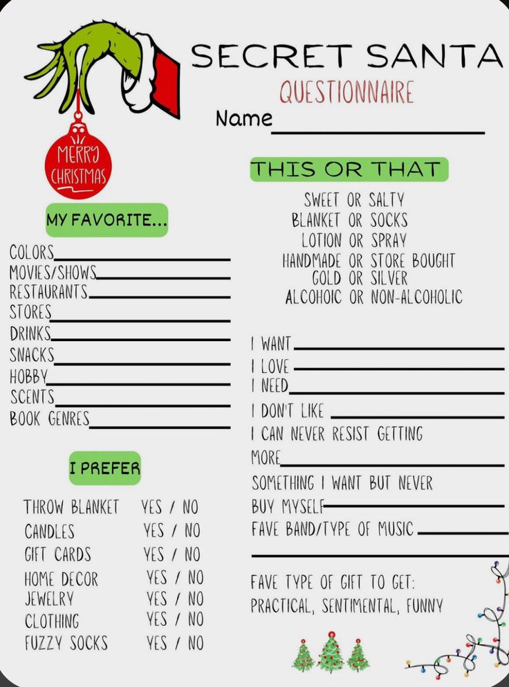 the secret santa question sheet is shown in this graphic style, with an elf's hat