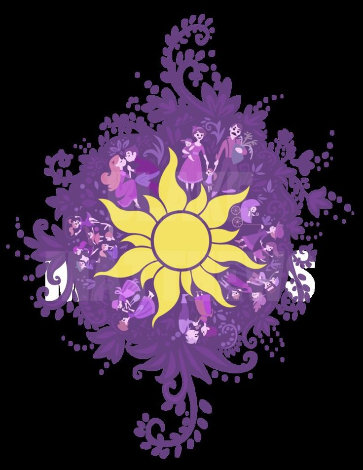 a purple and yellow flower on a black background with swirly designs in the center