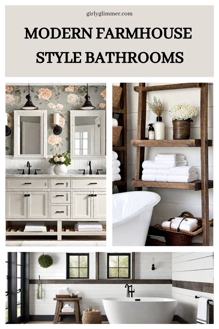 Modern farmhouse-style bathroom featuring a double vanity, a rustic shelving unit, and a freestanding bathtub. Fun Farmhouse Bathroom, Joanna Gaines Bathroom Ideas, Country Farmhouse Bathroom Ideas, Dream Bathrooms Modern, Modern Farmhouse Master Bath, Joanna Gaines Bathroom, Farmhouse Master Bath, Modern Farmhouse Bathroom Ideas, Exposed Wood Beams