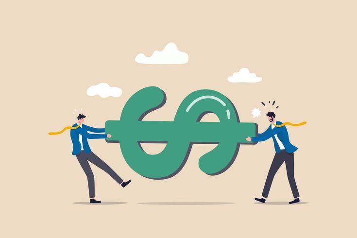 two businessmen pushing the word e with their hands on each other's shoulders, in front of a green pound sign