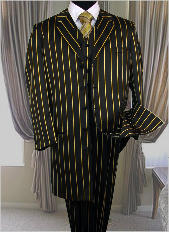 Zoot Suit, vintage, 1940's Black And Red Suit, 1940s Suit, 1920s Mens Fashion, Chicano Style, Gold Suit, Zoot Suit, Suits Men, Striped Vests, Suit Black