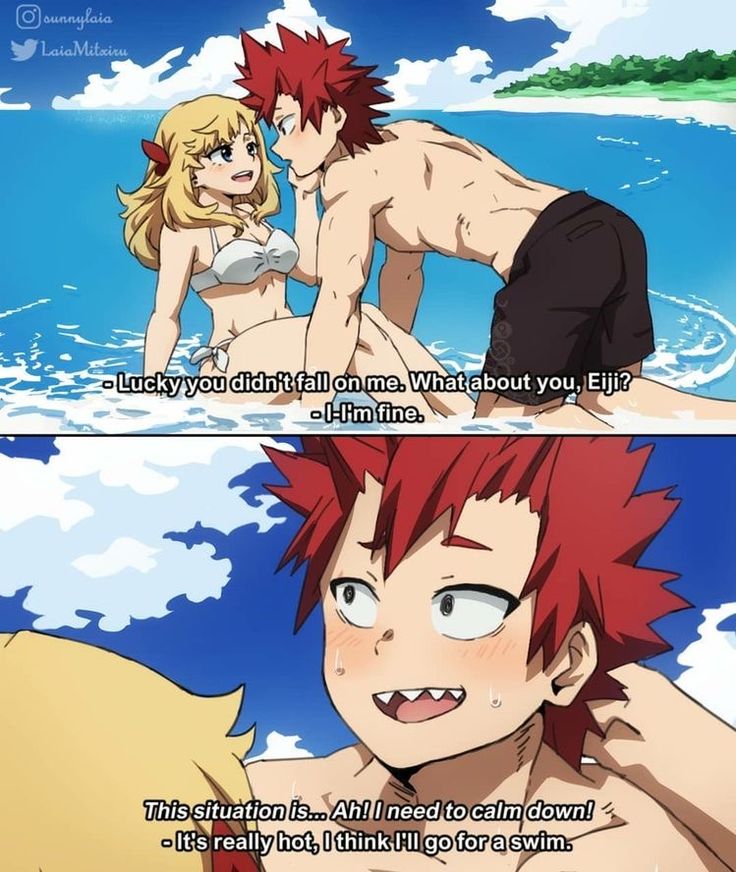 two anime characters with red hair, one is naked and the other has no shirt on