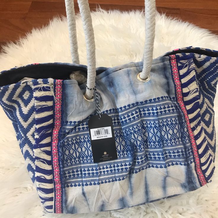 Brand Newsize 14 W X 11 H 8 D 100% Cotton Imported Tie Dye Boho Tote Blue Rectangular Canvas Bag For Beach, Trendy Blue Hobo Bag For Travel, Blue Summer Tote Canvas Bag, Summer Blue Canvas Bag For Shopping, Blue Canvas Shopping Bag For Summer, Summer Blue Canvas Tote Bag, Blue Satchel Bag With Braided Handles, Blue Rectangular Beach Bag For Travel, Blue Large Capacity Hobo Bag For Summer