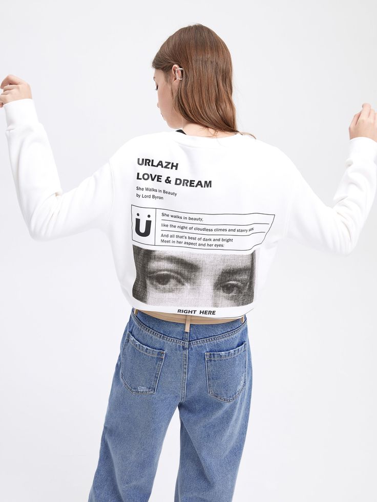 Details: Long sleeve crewneck sweatshirt in optic white 'Love & Dream' graphic printed in black on front Lord Byron graphics printed in multi on back Rib knit cuffs Slim fit Materials & Care: 100% Cotton Hand wash | Dry clean Do not bleach Size & Fit: Model is 5'7", Bust 32, Waist 24, Hips 35, wearing a size S *This item is final sale* Item #: UK4SW44 White Logo Print Sweater For Spring, White Sweater With Logo Print For Spring, Spring Graphic Print Crew Neck Sweater, White Text Print Sweatshirt For Loungewear, Graphic Print Crew Neck Sweatshirt For Loungewear, White Letter Print Sweater For Spring, White T-shirt With Ribbed Cuffs For Spring, White Trendy Sweater With Ribbed Cuffs, Trendy Crew Neck Top With Ribbed Cuffs