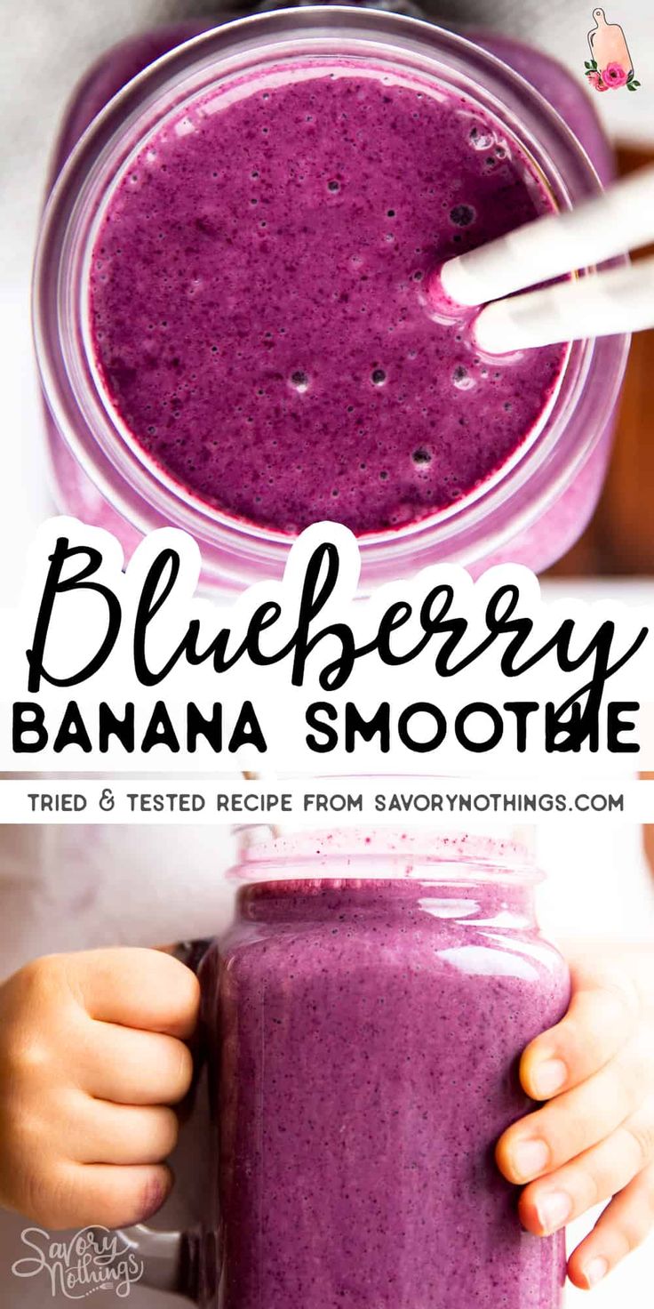 blueberry banana smoothie in a mason jar with the title text overlay reads, blueberry banana smoothie