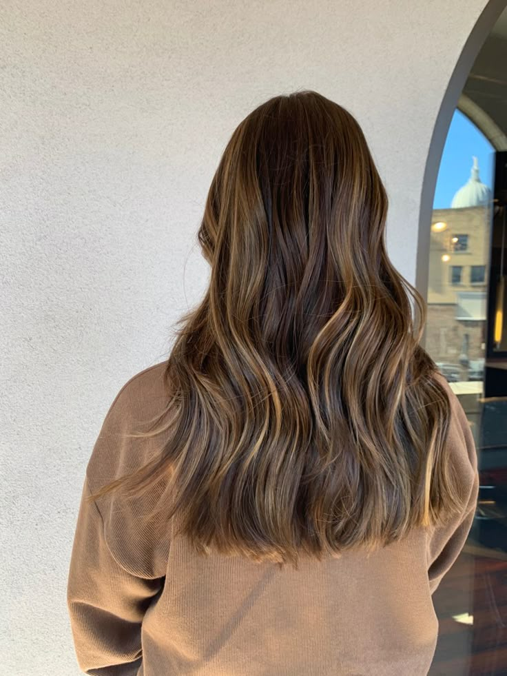 Brunette With Painted Highlights, Straight Highlighted Hair Brunettes, Golden Brown Baylage Hair, Natural Baby Lights Hair Brunette, Melting Hazelnut Hair, Baby Lights Hair Brunette Balayage, Carmel Brown Hair Warm With Highlights, Bruslight Hair, Balayage Without Bleach