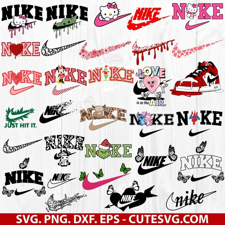 some different types of nike logos on a wooden background with the words swg png dxf eps - brings lv