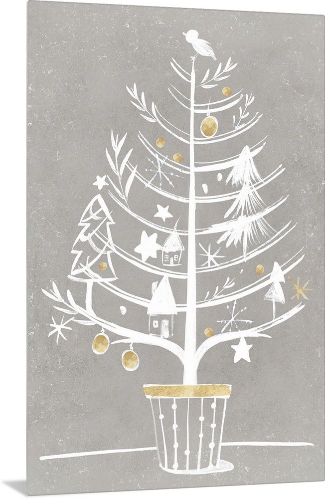 a white christmas tree with gold ornaments on it's branches and a bird perched on top