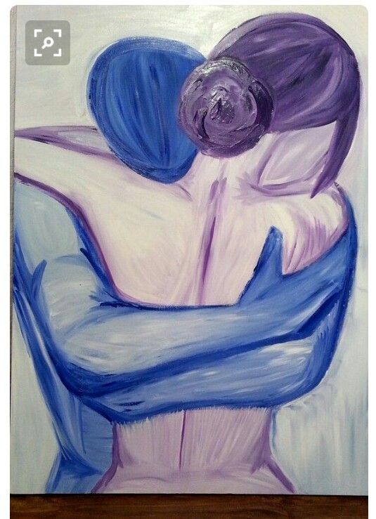 a painting of two people hugging each other