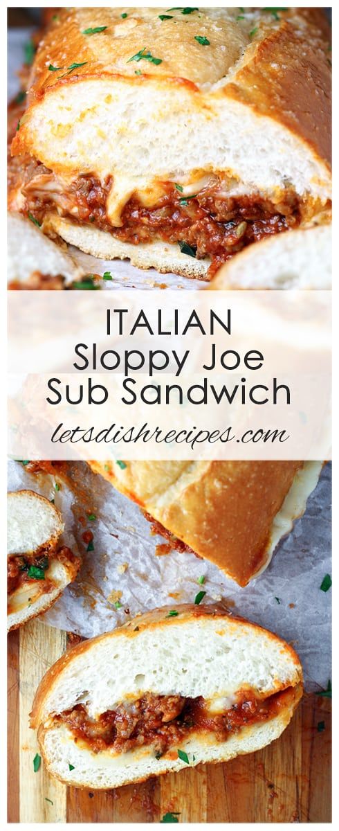 the italian sloppy joe sub sandwich is cut in half and placed on a cutting board