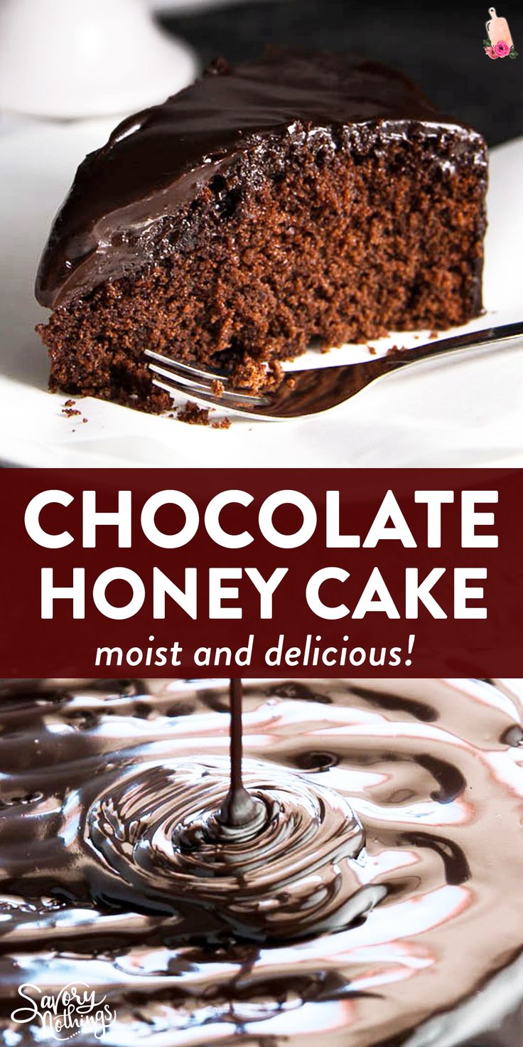 a piece of chocolate honey cake on a plate with the words, chocolate honey cake moist and delicious