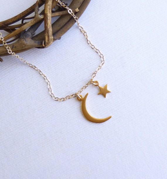 Gold Moon and Star Necklace Dainty Gold Necklace With Moon Charm, Gold Moon Phase Star Jewelry, Gold Charm Necklace With Moon Phase, Dainty Crescent Jewelry With Star Charm, Gold Crescent Charm Necklace With Delicate Chain, Gold Star Jewelry With Moon Phase Detail, Gold Moon Charm Necklaces, Minimalist Gold Necklace With Star Charm, Everyday Gold Crescent Charm Necklace