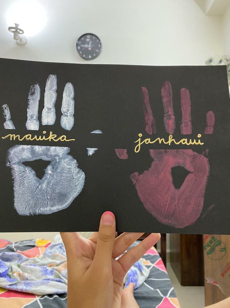 two children's handprints with the words maulika and jannah written on them