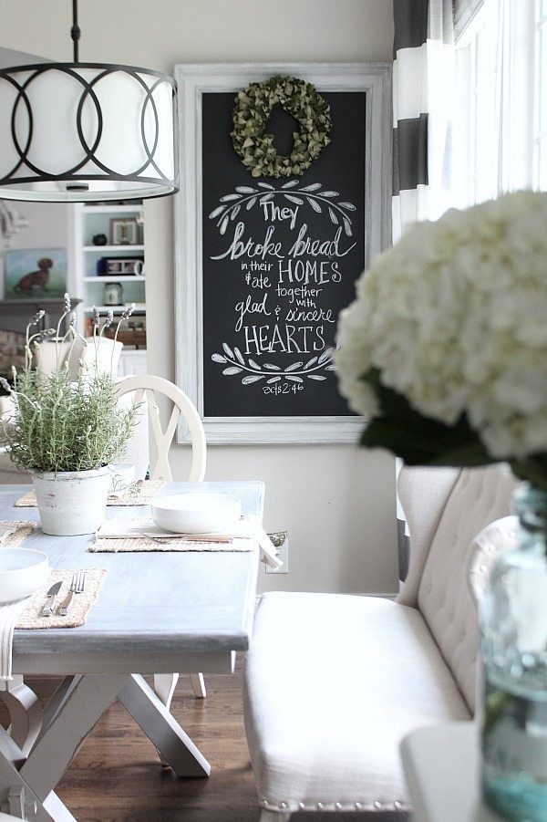 a dining room table with chairs and a chalkboard on the wall