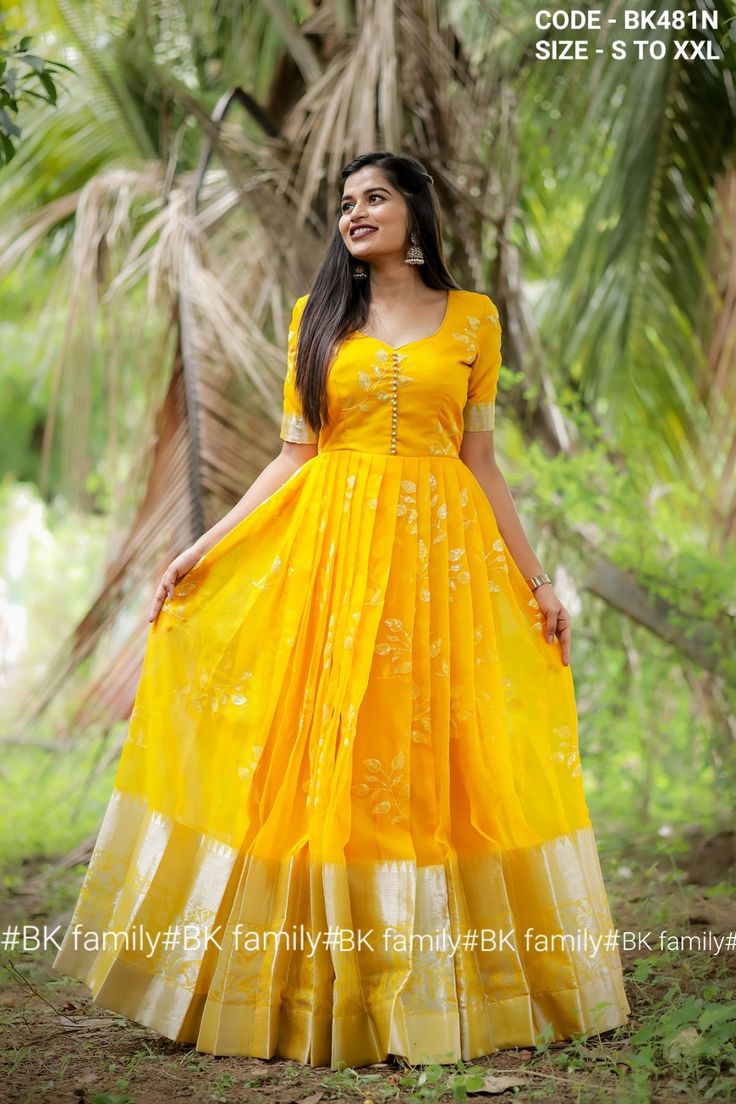 Pattu Long Gowns For Women, Organza Dress For Haldi, Saree To Gown Ideas, Long Frock Models Traditional, Pattu Frock Designs For Women, Pattu Anarkali Dress Designs, Long Frock With Pattu Saree, Pattu Saree Frocks Designs, Saree Into Frock Designs