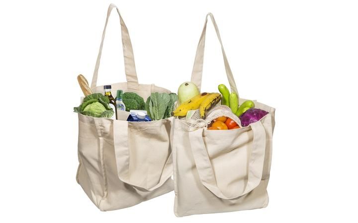 two bags filled with fruits and vegetables sitting next to each other on a white background