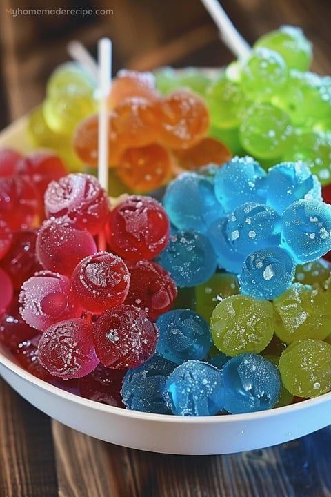 a bowl filled with gummy bears sitting on top of a wooden table