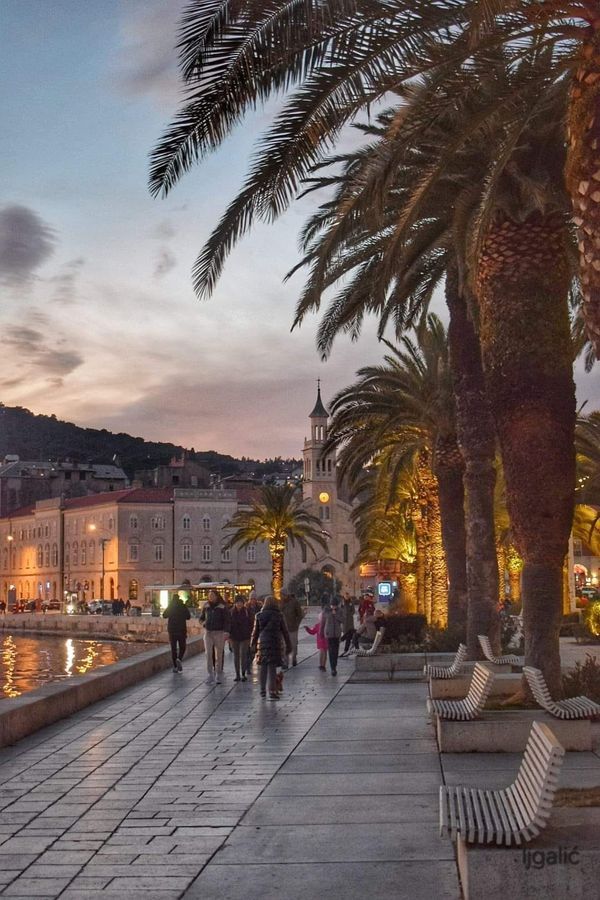 people are walking on the sidewalk next to some water and palm trees at dusk in this european city