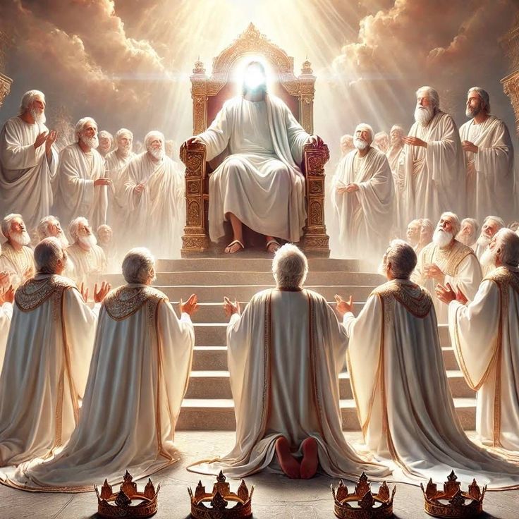 a painting of jesus sitting on a throne surrounded by many other men and women in white robes