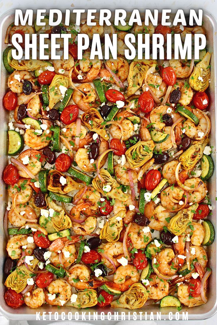 mediterranean sheet pan shrimp with tomatoes, zucchini and olives