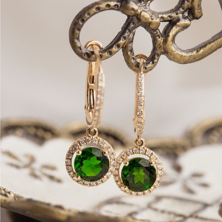 Beautiful 14k Gold Diamond Green Earrings. Purchased New In 2020 For A Wedding. Worn Only A Few Times. Original Packaging And Box Included. 14k Gold Halo Design Drop Earrings, Elegant Round Hoop Earrings With Emerald, Elegant Round Emerald Earrings, Elegant Hoop Earrings For May Birthstone, Gold Diamond Earrings For May Birthstone, Elegant May Birthstone Hoop Earrings, Elegant Green Jewelry With Halo Design, Elegant Green Jewelry With Halo, Elegant Yellow Gold Emerald Hoop Earrings