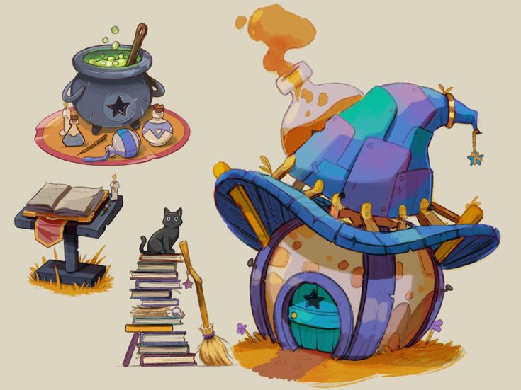 an image of a cartoon house with cats and witches on it's roof, next to a pile of books