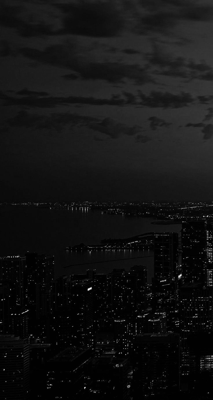 the city lights shine brightly at night in black and white, as seen from above