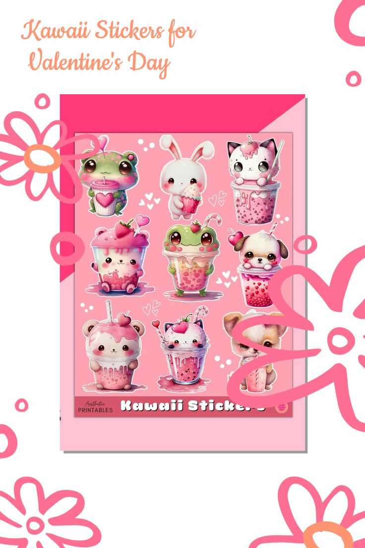 the kawaii stickers for valentine's day are in pink and white