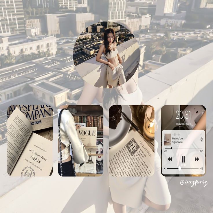 a woman standing on top of a building next to an open book and magazine cover