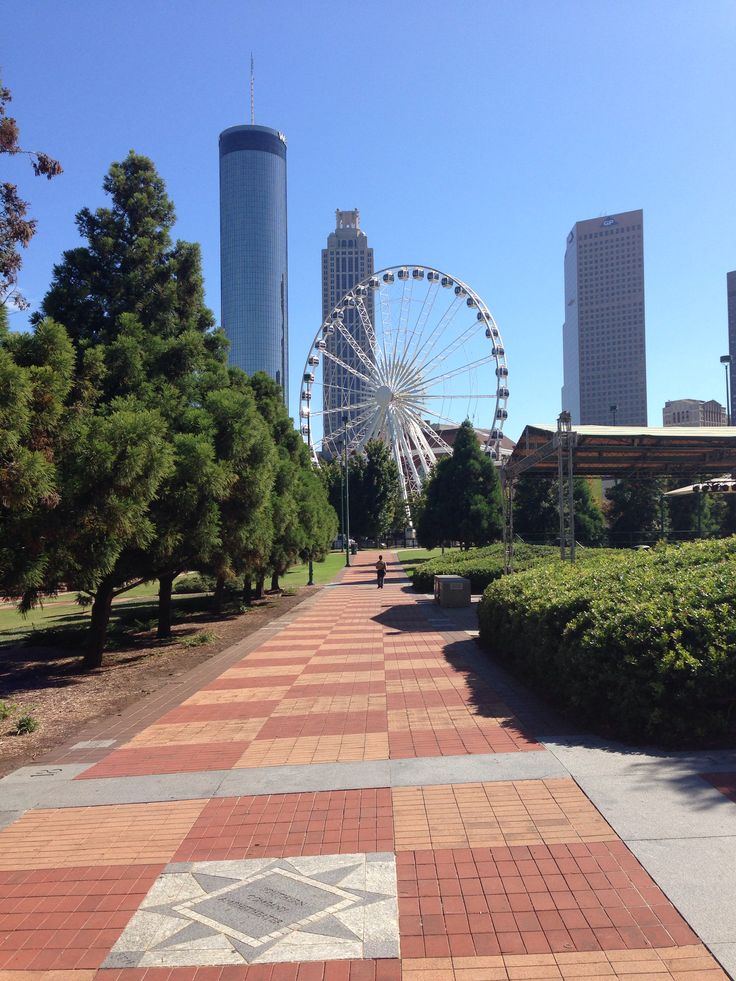 a large ferris wheel sitting in the middle of a park next to trees and bushes