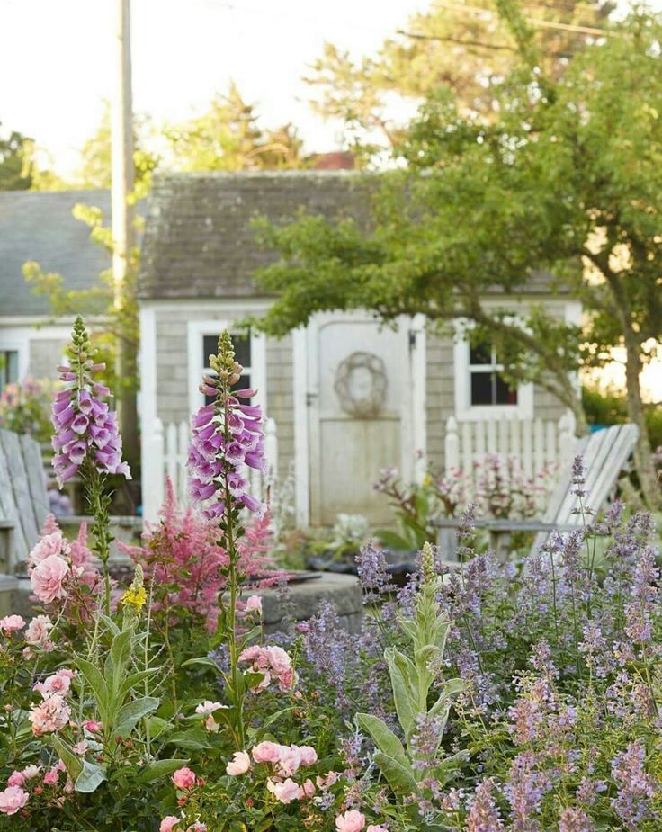 a garden filled with lots of flowers next to a white building and trees in the background