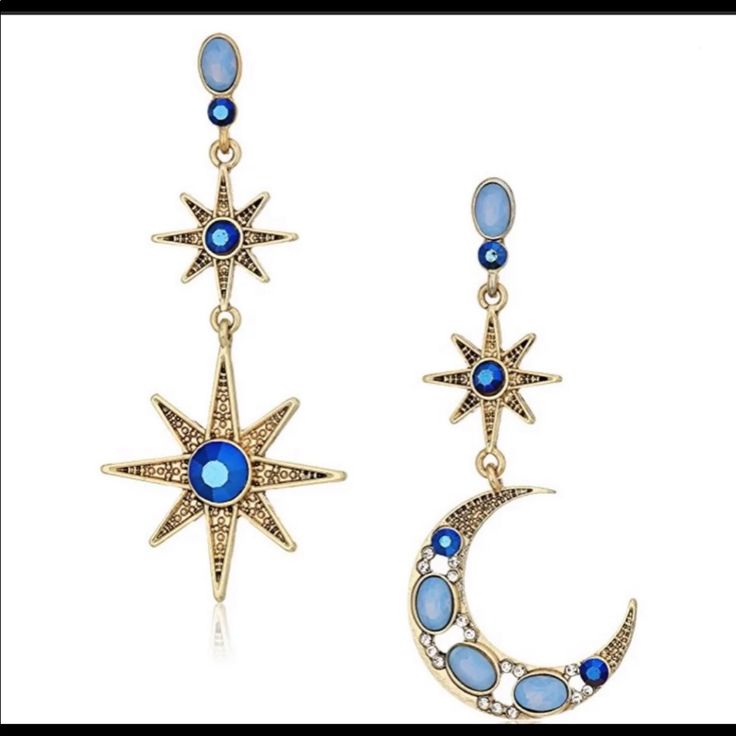 Brand New Betsey Johnson Earrings In The Shape Of A Moon And Sun With Blue Jewels. Blue Moon-shaped Earrings With Moon Charm, Blue Crescent Moon Charm Earrings, Blue Moon Shaped Earrings With Moon Charm, Blue Moon Charm Earrings, Nickel-free Moon Shaped Party Jewelry, Moon-shaped Pierced Earrings For Party, Moon Shaped Pierced Earrings For Party, Celestial Moon Earrings For Party, Celestial Blue Moon-shaped Earrings