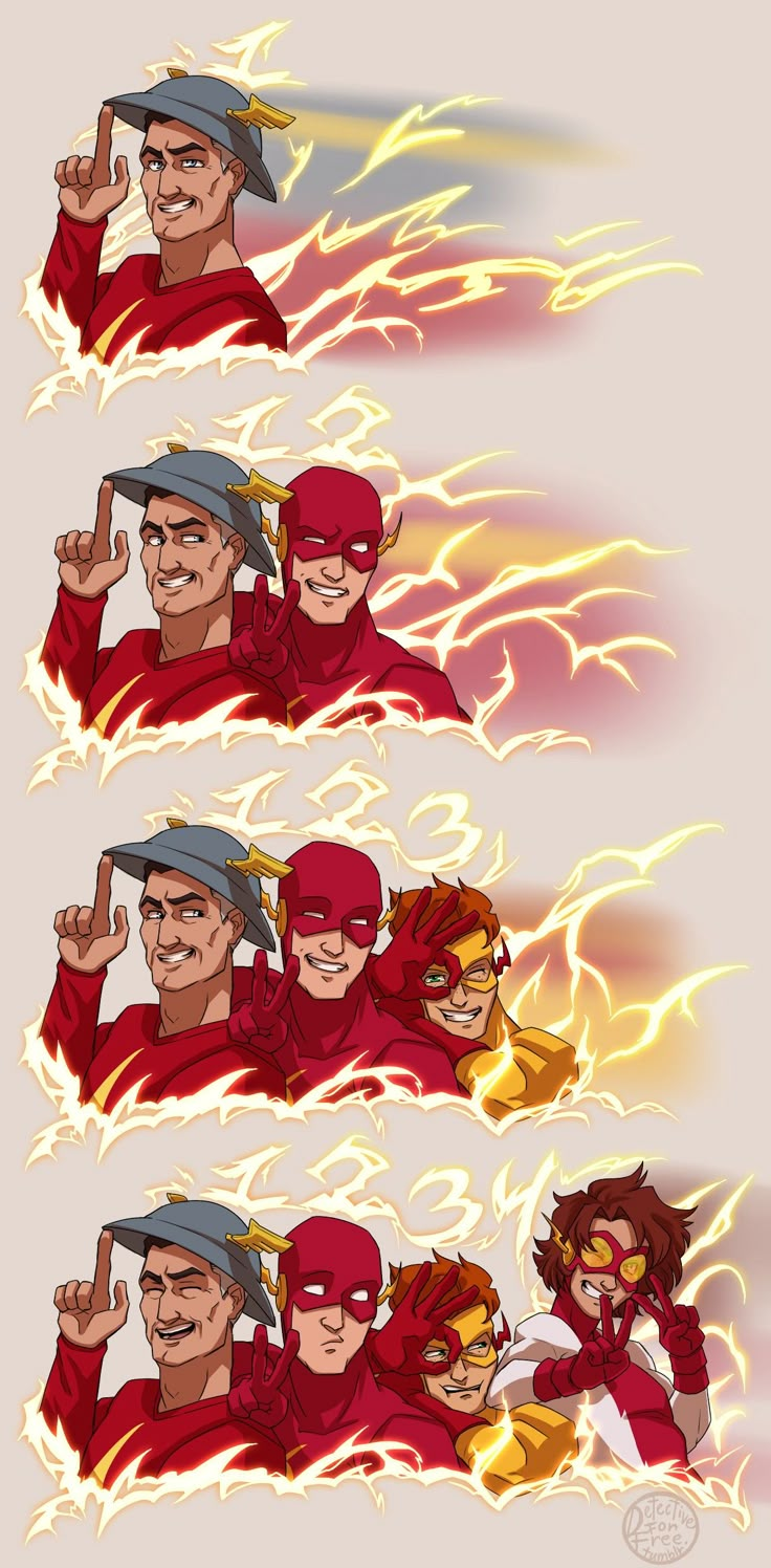 the flash and his friends are all in different positions, with flames coming out of their faces