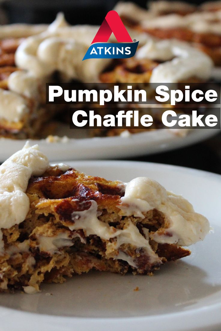 pumpkin spiced chaffle cake on a white plate with the title atkin's