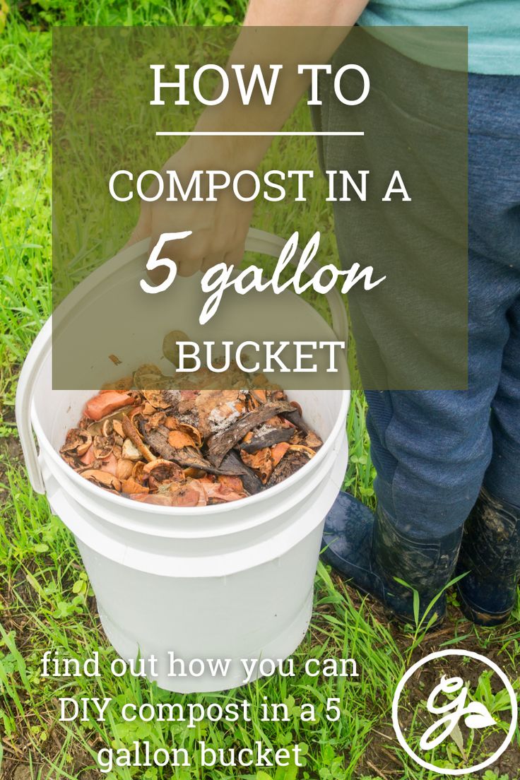 a person holding a bucket full of garbage with the words how to compost in a 5 gallon bucket