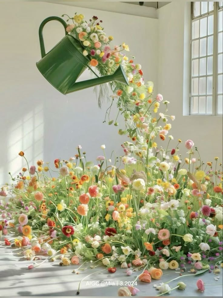 a bunch of flowers that are on the ground with a green watering can in front of them