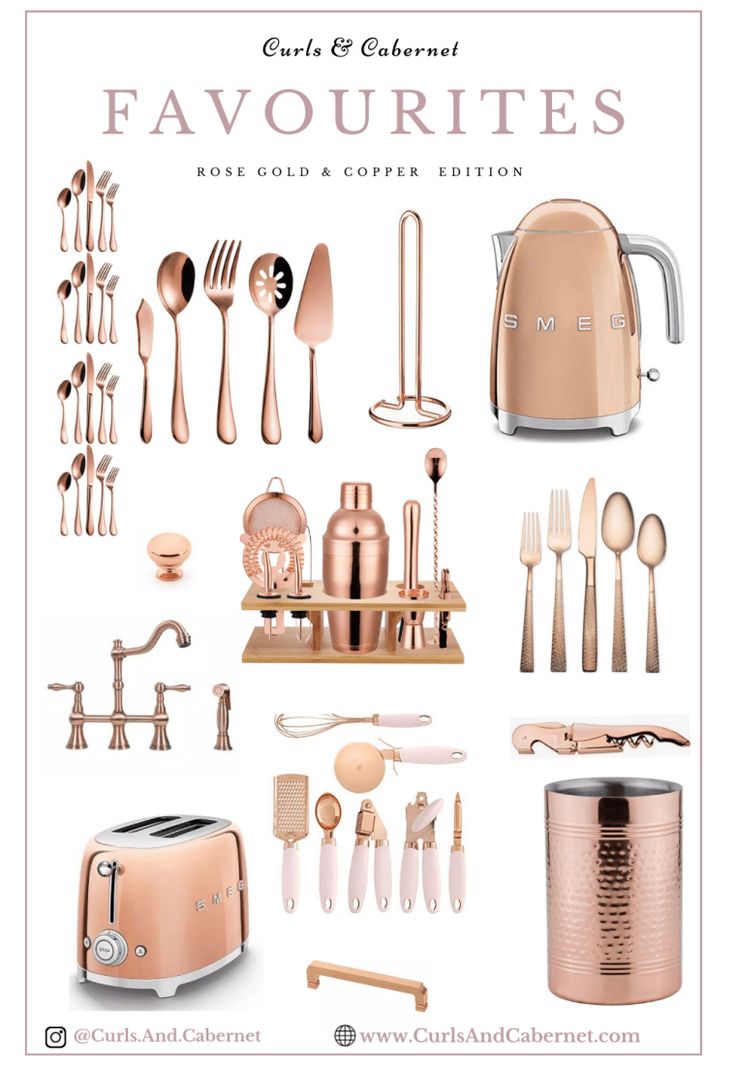 an image of various kitchen utensils and appliances in pink color with text that reads, favorites rose gold & copper edition