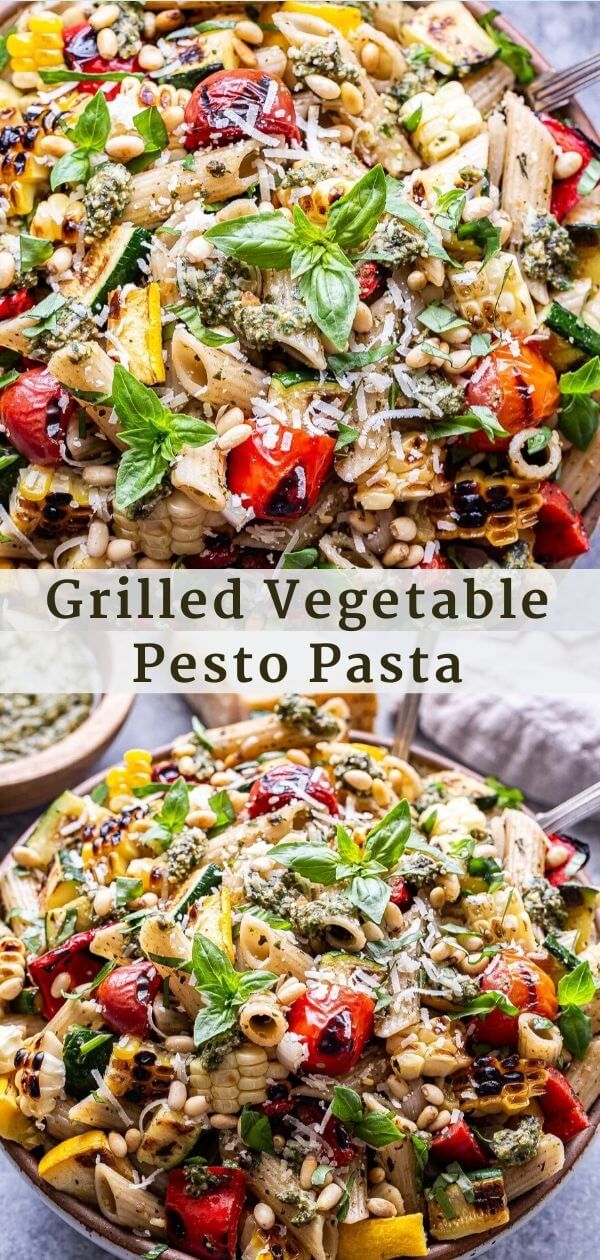 grilled vegetable pesto pasta with spinach and tomatoes in a skillet on the side