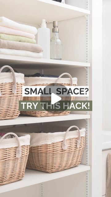 a closet with baskets and towels on the shelves that says small space? try this hack