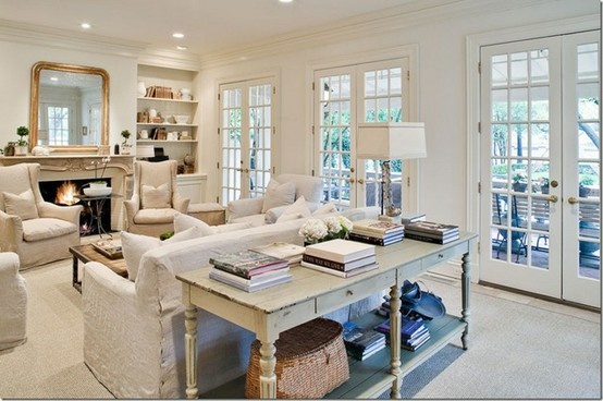 a living room filled with furniture and a fire place in the middle of it's walls