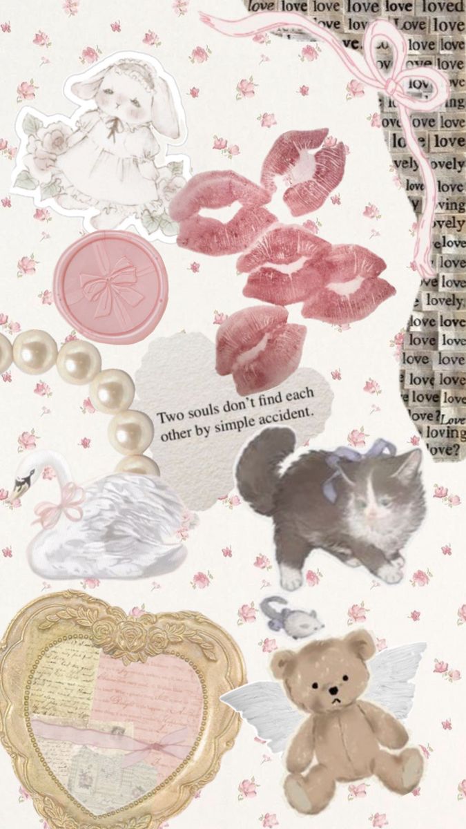 a collage of images with hearts, teddy bears and other things on it's side