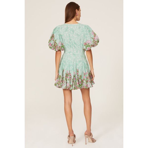 Green cotton blend (55% Cotton, 45% Linen). Lining (100% Cotton). A-line. V-neck. Short sleeves. Side zipper closure. 33" from shoulder to hemline. Imported. Floral Puff Sleeve Dress, Hemant And Nandita, Puff Sleeve Dress, Rent The Runway, Mini Dress Casual, Puffed Sleeves Dress, Green Cotton, Cotton Linen, Sleeve Dress