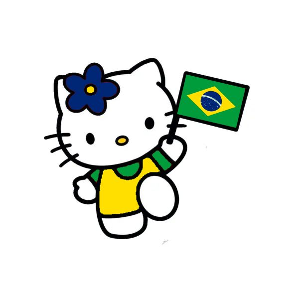 a hello kitty holding a brazil flag in her hand and wearing a yellow shirt with a blue flower on it