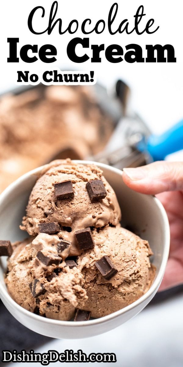 two scoops of chocolate ice cream in a white bowl with text overlay that reads, chocolate ice cream no churn