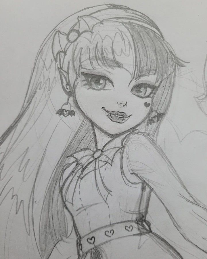 a pencil drawing of a girl with long hair and big eyes, wearing a dress