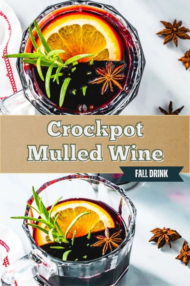 the crockpot mulled wine is garnished with an orange slice and star anise