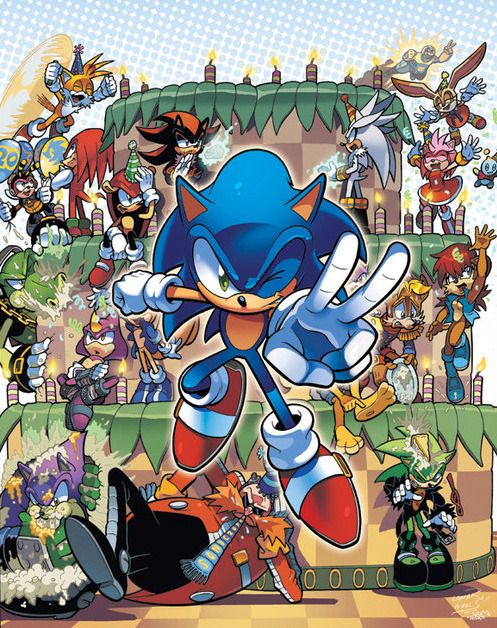 sonic the hedgehog is surrounded by many other cartoon characters and their respective character are in front of him