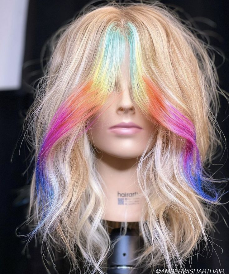 Now Trending: The Bold Money Piece - Bangstyle - House of Hair Inspiration Purple Hair Money Piece, Vivid Money Piece Hair, Rainbow Money Piece, Color Money Piece, Hair Money Piece, Bold Money Piece, Money Piece Hair, Yellow Hair Color, Rave Hair