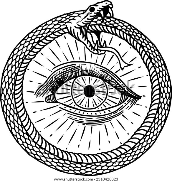 an all seeing eye inside a snake's coiled circle