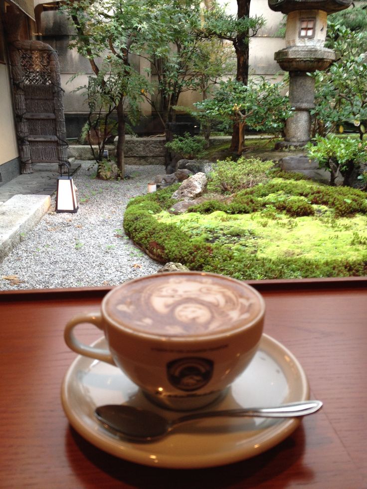 a cappuccino sits on a saucer in front of a small garden